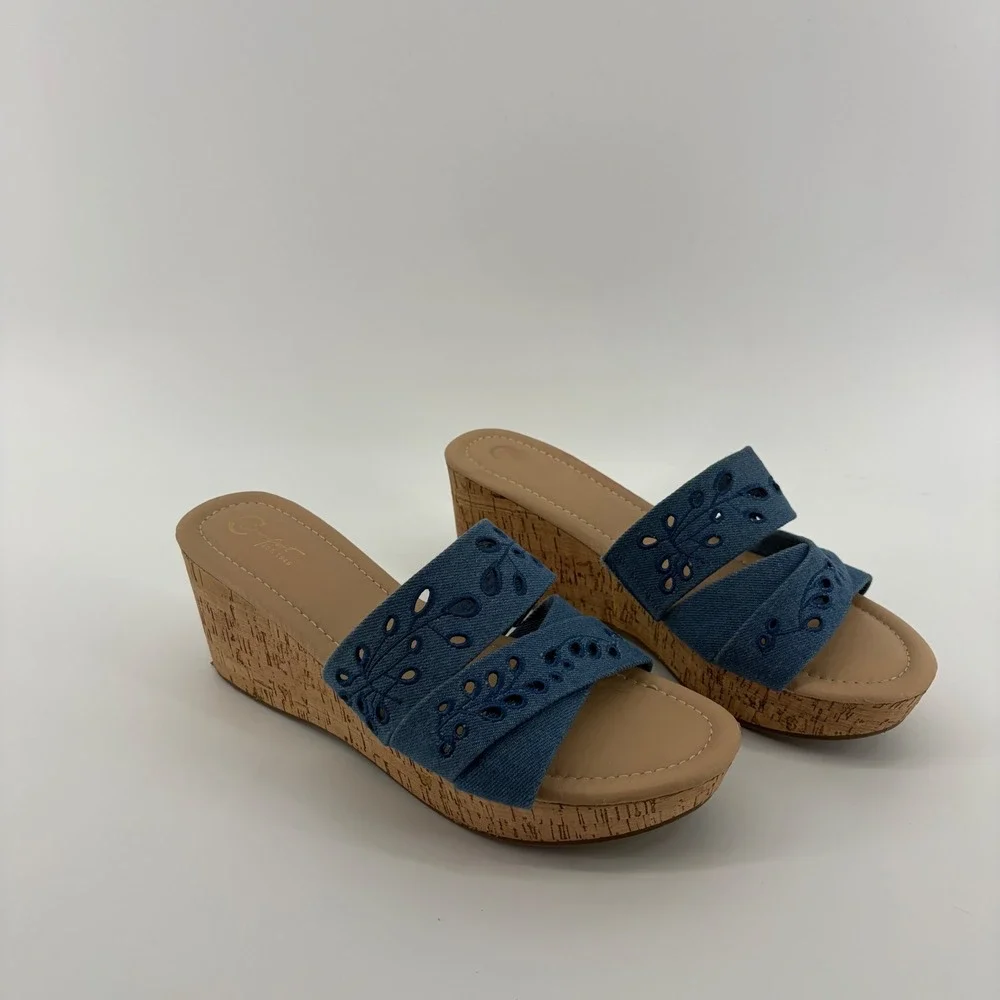 Comfort Est. 1946 Womens 11 Blue Wedge Sandals Eyelet Denim Cork Slide 45560375
